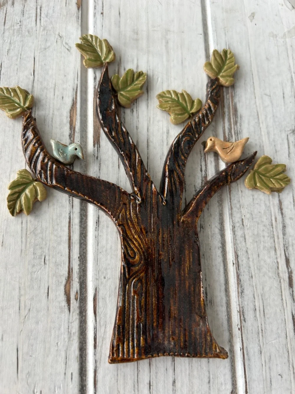 Rustic Tree Wall Hook with Green Leaves and Birds - Home Wall Decor